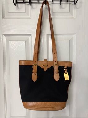 Vintage Dooney & Bourke Cabriolet Bag Black Canvas and Tan Leather-Trim Tote